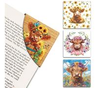 MAYJOYDIY 4Pcs Highland Cow Corner Bookmarks 4 Styles Cattles Book Page Markers 9×9cm Flower Wreath Farm Animal Leather Book Accessories for Women Men Students Teachers Reading Lovers