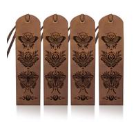 MAYJOYDIY 4Pcs Magic Moth Leather Bookmark 5×18cm Moon Phase Insects Classic Brown Bookmark Vintage Page Markers with Leather Rope for Men Women Book Lovers Writers and Friends Gifts