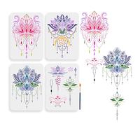 MAYJOYDIY 4pcs Mandala Lotus Stencil 29.7×21cm Large Gorgeous Lotus Flower Stencils with Paint Brush Dreamy Boho Lotus Drawing Template for DIY Craft Furniture Wood Canvas Paper
