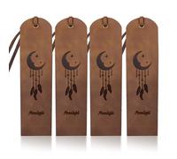 MAYJOYDIY 4pcs Moon Feather Leather Bookmarks 5×18cm Moonlight Handmade Cowhide Bookmarks with Tassel Genuine Leather Book Markers for Gifts Men Women Book Lovers Teachers