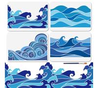 MAYJOYDIY 4Pcs Ocean Waves Stencil Reusable Dynamic Summer Seawater Stencils for Painting 29.7×21c Sea Spray Art Craft Templates with Paint Brush for Window Wood Wall Home Gift Decor