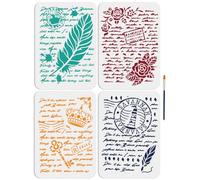 MAYJOYDIY 4pcs Retro French Writing Stencils 11.7×8.3inch Large French Script Stencil with Paint Brush Vintage Text Feather Rose Pattern Drawing Templates for Crafts Art Furniture Wood Canvas