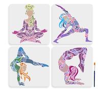 MAYJOYDIY 4pcs Yoga Pose Stencil 30×30cm Large Artistic Gymnastics Stencil with Paint Brush Mandala Patterned Yoga Clothing Lady Templates for Furniture Windows Wood Wall Tile Canvas Fabric