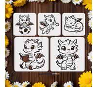 MAYJOYDIY 5 Pcs Cartoon Dragon Stencils Reusable Cute Animal Stencil for Painting 20x20cm/30x30cm Wildlife Drawing Template with Paint Brush for Wall Furniture Canvas Home Decoration