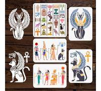 MAYJOYDIY 5 Pcs Egyptian Hieroglyphs Stencils Reusable Sphinx Egyptian Pharaohs Stencil 7.9~8.3inch Winged Cat Drawing Template with Paint Brush for Wall Furniture Paper Canvas Scrapbook Decoration