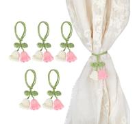 MAYJOYDIY 6 Pcs Handmade Flower Curtain Tiebacks 24.5cm Lily-of-The-Valley Curtains Tiebacks No Drill Yarn Rope Decorative Drapery Pull Backs for Living Room Bedroom Windows Decor, White and Pink