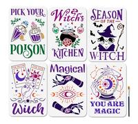 MAYJOYDIY 6Pcs A4 Witches' Day Stencils Witch Magic Moon Phase Painting Stencils 29.7×21cm with Paint Brush Reusable Magic Witch Theme Templates for Wood Wall House Sign Poster Decor