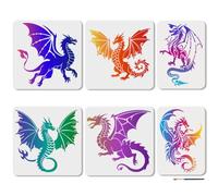 MAYJOYDIY 6Pcs Dragon Stencil Reusable Flying Dragon Stencil for Painting Mythical Fantasy Creature Design Drawing Template with Paint Brush for Wall Furniture Canvas Scrapbook Decoration