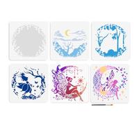 MAYJOYDIY 6Pcs Magical Fairy Stencils Mandala Moon Painting Stencil 11.8×11.8inch Layered Forest Butterfly Drawing Template with Paint Brush for Craft on Window Wood Wall Home Decor