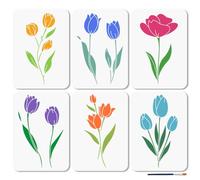 MAYJOYDIY 6Pcs Tulip Flower Stencil Garden Blossoms Painting Stencils 29.7×21cm Reusable Bouquet Plants Drawing Template with Paint Brush for Craft on Window Wood Wall Home Decor