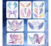 MAYJOYDIY 7Pcs Angel Wings Stencils 29.7×21cm Reusable Cupid Stencil for Painting Gradient Wings Drawing Template with Paint Brush for Wall Furniture Paper Canvas Scrapbook Decoration