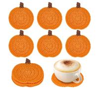 MAYJOYDIY 8 Pcs Dark Orange Fall Pumpkin Coaster 11x10.5cm Handmade Crochet Drink Coaster Autumn Drink Cup Pad Mats for Table Protection, Halloween Thanksgiving Home Party Table Decor