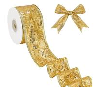 MAYJOYDIY 9.14m Golden Sequin Mesh Ribbon Trim 5cm Christmas Theme Polyester Flat Sparkly Ribbon with Plastic Paillette for Gift Wrapping Floral Craft Bows Garland Holiday Decor