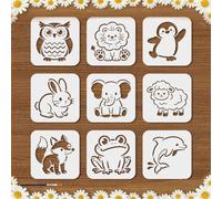 MAYJOYDIY 9 Pcs Animal Owl Lion Penguin Stencil Reusable Rabbit Elephant Sheep Stencil for Painting 15x15cm Fox Frog Dolphin Drawing Template with Paint Brush for Wall Canvas Scrapbook Decoration