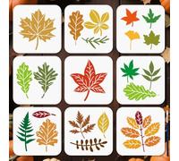 MAYJOYDIY 9 Pcs Autumn Leaves Stencil Reusable Fall Maple Leaves Stencils for Painting 15x15cm Tree Drawing Templates with Paint Brush for Wall Wood Paper Album Scrapbook Decoration