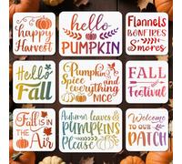 MAYJOYDIY 9 Pcs Fall Theme Stencil Reusable Pumpkin Maple Leaves Stencils for Painting Autumn Farm Harvest Drawing Templates with Paint Brush for Wall Floor Wood Paper Album Scrapbook Decoration
