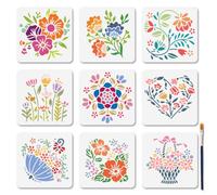 MAYJOYDIY 9 Pcs Flower Stencil Flower Baskets Art Stencils 15×15cm Reusable Floral Umbrella Craft Stencils with Paint Brush Floral Love Template for Craft on Window Wood Wall Home Decor
