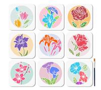 MAYJOYDIY 9 Pcs Flower Stencil Reusable Tulip Rose Painting Stencils 15x15cm Lily Peony Flower Drawing Templates with Paint Brush for Wall Wood Paper Album Scrapbook Decoration