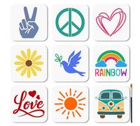 MAYJOYDIY 9 Pcs Peace Love Rainbow Stencil Reusable Victory Hand Painting Stencils 15x15cm Peace Dove Drawing Templates with Paint Brush for Wall Wood Paper Album Scrapbook Decoration
