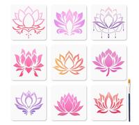 MAYJOYDIY 9 Styles Lotus Flower Stencils Water Lily Stencil 15x15cm Lotus Reusable Plastic Stencils with Paint Brush Plant Templates for Craft on Window Wood Wall Home Decor