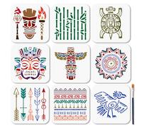 MAYJOYDIY 9Pcs American Tribal Stencils Ancient Indian Painting Stencil 15×15cm Reusable Sacred Birds Drawing Template with Paint Brush for Craft on Window Wood Wall Home Decor