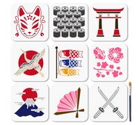 MAYJOYDIY 9Pcs Cherry Blossom Stencils Japan Samurai Sword Painting Stencil 15×15cm Reusable Sushi Carp Flag Drawing Template with Paint Brush for Craft on Window Wood Wall Home Decor