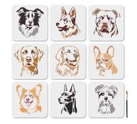 MAYJOYDIY 9Pcs Dog Animal Painting Stencils Popular Dog Cute Dog Stencils 7.8×7.8inch Reusable Dog Head Animal Templates with Paint Brush for Wood Wall Window DIY Craft Home Decor