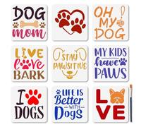 MAYJOYDIY 9Pcs Dog Stencil Set, 15×15cm, Reusable Paw Print & Pet Text Templates, Puppy Lover Craft Kit with Paint Brush for Window Wood Wall Album Paper Decoration