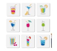 MAYJOYDIY 9Pcs Drinks Juice Painting Stencils Lemon Cherry Strawberry Drink Stencils 15×15cm with Paint Brush Reusable Summer Juice Ice Drink Templates for Wood Wall Window DIY Craft