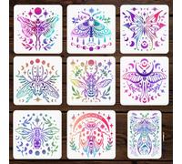 MAYJOYDIY 9Pcs Insect and Moon Phases Stencils Butterfy Moths Beetle Reusable Stencil for Painting Drawing Template with Paint Brush for Wall Furniture Paper Scrapbook Decor