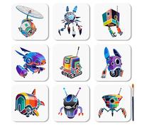 MAYJOYDIY 9Pcs Robot Stencil Reusable Mechanical Stencil for Painting 15×15 cm Electronic Drawing Template with Paint Brush for Wall Furniture Canvas Scrapbook Decoration