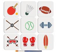 MAYJOYDIY 9Pcs Sports Theme Painting Template 15x15cm Reusable Ball Drawing Stencils Baseball Badminton Exercise Equipment Templates for Painting on Wood DIY Crafts Room Decor