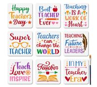 MAYJOYDIY 9Pcs Teacher's Day Wishes Text Painting Stencils 15×15cm Book Love Blessing Stencils with Paint Brush Reusable Teacher's Day Theme Templates for Wood Wall Window DIY Craft