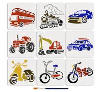 MAYJOYDIY 9Pcs Transportation Cars Drawing Template 15x15cm Reusable Template Bus Tractor Motorcycle Car Excavator Bicycle Steam Train Painting Stencil for Painting Wall Home Decor