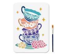 MAYJOYDIY A4 Size Floral Teacup Stencil Stacked Vintage Teacup Art Stencil with Paint Brush 29.7×21cm Flower Star Pattern Template Reusable Template for Wood Window DIY Craft Photo Album