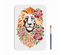 MAYJOYDIY A4 Size Lion Flower Painting Stencil with Paint Brush 29.7x21cm Rose Animal Reusable Template Plastic Lion Head Stencil for Wood Fabric Wall Window DIY Craft