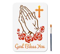 MAYJOYDIY A4 Size Praying Gesture Hands Stencil Rose Cross Stencil with Paint Brush 29.7×21cm God Bless You Text Reusable Template for Painting on Wood Window DIY Projects