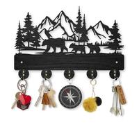MAYJOYDIY Bear Mountain Forest Coat Hooks Wall Mounted 30x20cm Self-Adhesive Wooden Key Holder 5 Alloy Hooks Black Wall Art Decor for Entryway Living Room Gift
