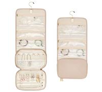 MAYJOYDIY Beige Foldable Travel Jewelry Case 19.5x25.5cm Large Capacity Polyester Hanging Roll Jewelry Bag with Zipper Pockets for Necklaces, Earrings, Bracelets, Portable Travel Essentials