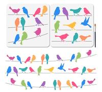 MAYJOYDIY Birds on Wires Stencils, PET Material, Reusable Sparrow Silhouette Design, 30x30cm, 2-Pack with Paint Brush Reusable Wall Art Stencil for Wood Furniture Fabric