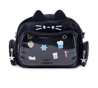 MAYJOYDIY Black PU Leather Shoulder Ita Bags Pin Badge Display Messenger Bag Kawaii Transparent Window Shoulder Bags, Cat, Cat