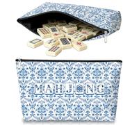 MAYJOYDIY Blue and White Porcelain Style Mahjong Storage Bag, Empty Mahjong Tiles Bag with Zipper, 33 x 20 cm Portable Canvas Carrying Pouch for Travel Players Cosmetics Home Use