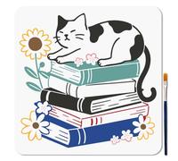 MAYJOYDIY Cat Book Stencils 30×30 cm Cute Cat Wildflower Template Reusable Flower Grass Stacked Book Drawing Template with Brush for Wall Furniture Paper Canvas Scrapbook Decor