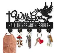 MAYJOYDIY Christian Wooden Key Holder for Wall, Cross & Dove of Peace Wall Mounted Coat Rack with 5 Hooks, Inspirational Text Art Key Hook for Hallway, Kitchen, Bedroom Home Decor (30×20cm)