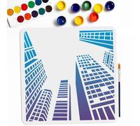 MAYJOYDIY City Building Stencils 30×30cm Large Skyscraper Template with Paint Brush Cityscape Looking up at Tall Buildings Drawing Stencil for DIY Projects Crafts Furniture Canvas Wall Decor