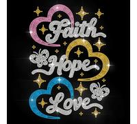 MAYJOYDIY Faith Hope Love Rhinestone Iron on Decal Colorful Love Hotfix Transfer Sticker Star Butterfly Heat Transfer Patch Bling Clothing Repair Applique for T-Shirt Hat Jacket Garment Bag DIY Decor