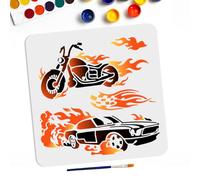 MAYJOYDIY Flames Fire Car Stencils 11.8×11.8inch Motorcycles Car Fire Painting Stencils with Paint Brush Vehicle Fire Theme Drawing Template for Fabric Walls Furniture Wood Canvas