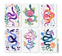 MAYJOYDIY Floral Serpent Stencil Set, 6Pcs A4 Size (29.7×21cm) Reusable Templates, Tropical Flower Snake, Peony & Jungle Leaf Designs, with Paint Brush for Window Wood Wall Album Paper Decoration