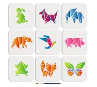 MAYJOYDIY Geometric Animal Stencil Set, 9Pcs 15x15cm, Reusable Origami-Style Templates (Crane, Rabbit, Fox, Bear) for Wall Art & Room Decor Paper Craft Painting Tools