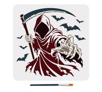 MAYJOYDIY Grim Reaper Stencils Skeletons Painting Stencil 30x30cm Reusable Bats Skulls Drawing Template with Paint Brush for Wood Wall Home Decor